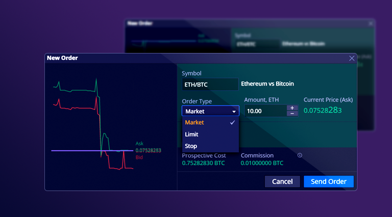 Order Entry form in DXtrade while trading spot cryptocurrencies