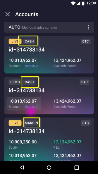 Different metrics for cash and margin accounts in DXtrade Mobile