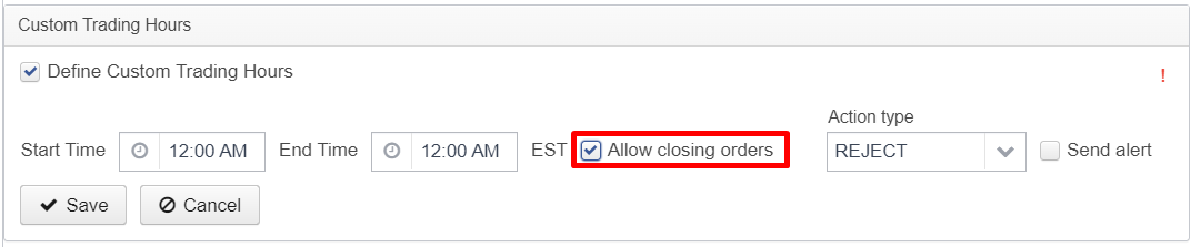 DXtrade TX Allow closing orders checkbox activated