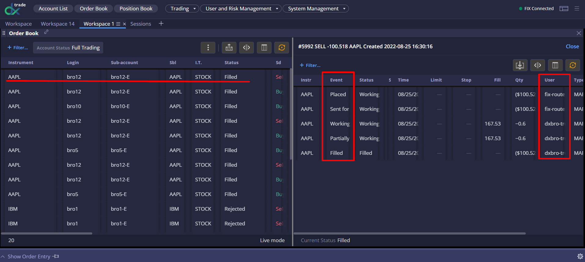 DXtrade TX Event and User columns in Order Book