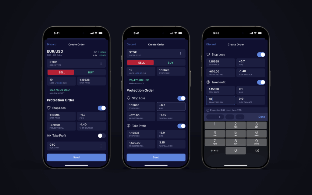 DXtrade mobile application screens showing Stop Loss and Take Profit settings, demonstrating that traders can now use projected Profit and Loss and percentage of balance for protection orders.