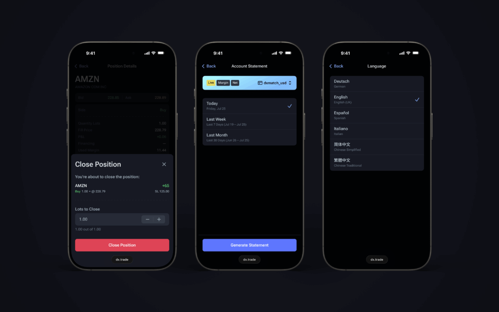 DXtrade web mobile screen showing close position options, DXtrade web mobile screen showing Account Statement download capabilities, and DXtrade web mobile screen showing language availability. 